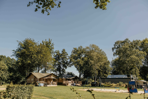 Tienda safari Ranger Lodge en Recreation Park Den Blanken en los Países Bajos, rodeada de árboles verdes.