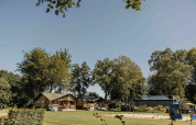 Safaritent Ranger Lodge aan Recreatiepark Den Blanken in Nederland, omgeven door groene bomen en natuur.