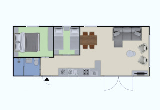 Plan de la lodge Nova Wellness à Bospark Ede, Pays-Bas, avec deux chambres, salle de bain, cuisine et séjour.