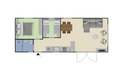Grundriss der Nova Wellness-Lodge im Bospark Ede, Niederlande, mit zwei Schlafzimmern, Bad und Wohnzimmer.