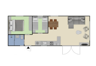 Grundriss der Nova Wellness-Lodge im Bospark Ede, Niederlande, mit zwei Schlafzimmern, Bad und Wohnzimmer.
