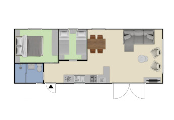 Floor plan of the Nova Wellness lodge at Bospark Ede, Netherlands, showing two bedrooms, bathroom, and living area.