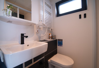 Moderne badkamer in een glampingaccommodatie met wandtoilet, wastafel en raam voor daglicht.