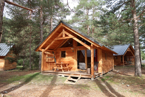 Montana Chalet Vista houten chalet in het bos, veranda met zitjes en picknicktafel, omringd door dennen.