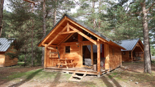 Træchalet Montana Chalet Vista i skoven med terrasse, bord og stole under høje træer og sollys.