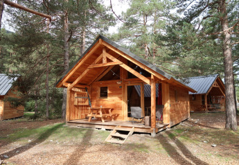 Montana Chalet Vista houten chalet in het bos, veranda met zitjes en picknicktafel, omringd door dennen.