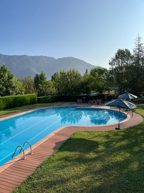 Outdoor swimming pool with wooden decking and umbrellas, surrounded by trees and scenic mountain views.