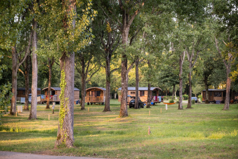 Cabins nestled among trees at Huttopia Lac d'Aureilhan - Mimizan holiday park in Nouvelle-Aquitaine, France.