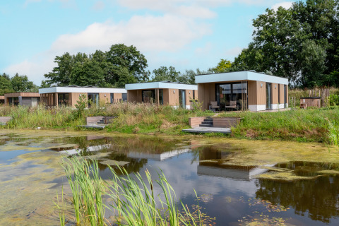 Moderna water lodge con vasca idromassaggio a Hofparken Wiltershaar, Olanda, immersa nella natura e vicino a uno stagno.