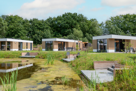 Moderna cabaña acuática con sauna y jacuzzi junto a un estanque, en Hofparken Wiltershaar, Países Bajos.