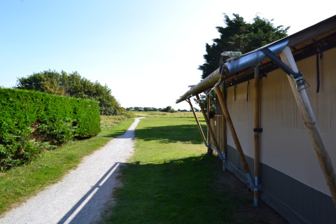 Sentiero accanto a una tenda safari e siepe verde al Parc Koudenburg, Paesi Bassi, in una giornata soleggiata.