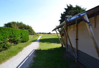 Pad naast een safaritent en groene haag bij Parc Koudenburg, Nederland, op een zonnige dag.