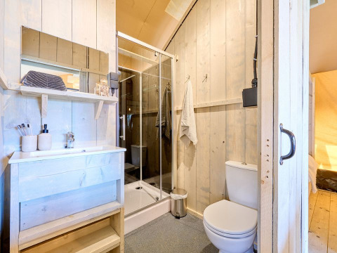 Cuarto de baño luminoso en un alojamiento glamping con paredes de madera, ducha, lavabo y váter.