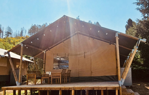 Safaritent met houten veranda, eettafel en stoelen in de zon, omringd door bomen en natuur