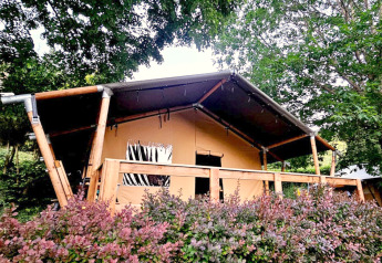 Safari tent met houten veranda en eigen sanitair, omringd door groene struiken en hoge bomen.