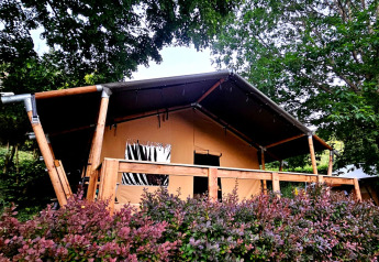 Tenda safari con veranda in legno e servizi igienici, immersa nel verde tra alberi e arbusti.