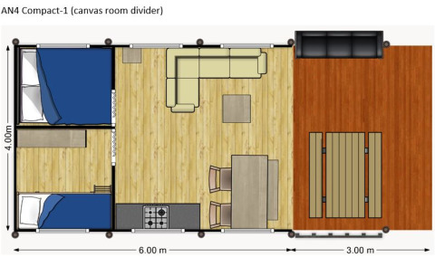 Planimetria di una tenda safari al Camping Reiler in Lussemburgo con due camere, zona giorno e terrazza.