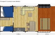 Plan d'une tente safari au Camping Reiler au Luxembourg avec deux chambres, salon, cuisine et terrasse extérieure.