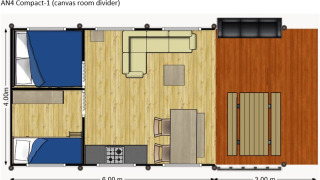 Plan d'une tente safari au Camping Reiler au Luxembourg avec deux chambres, salon, cuisine et terrasse extérieure.