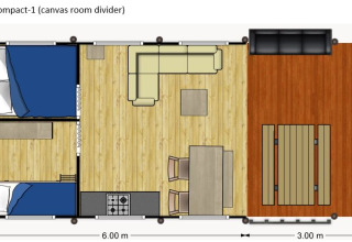 Floor plan of a Safaritent at Camping Reiler in Luxembourg, featuring two bedrooms, living area, and terrace.