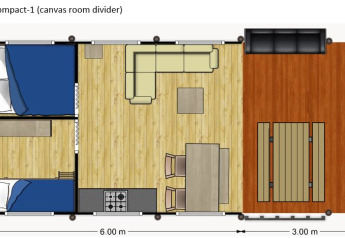 Grundriss eines Safarizeltes auf Camping Reiler in Luxemburg mit zwei Schlafzimmern, Wohnraum und Terrasse.