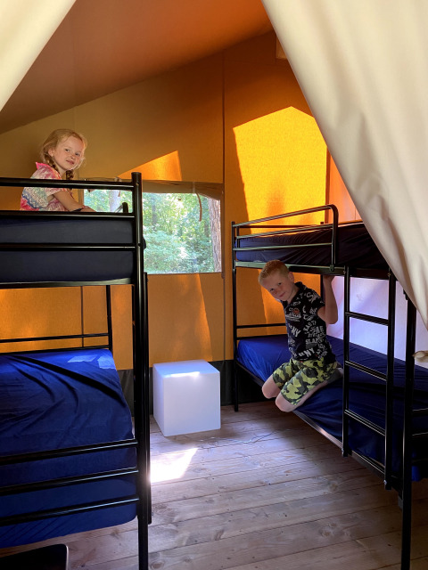 To børn hygger sig på køjesenge i en Safaritent på Vakantiepark Bonte Vlucht, Holland, med sollys.