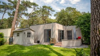 Chalet moderne avec terrasse et petit abri, entouré de pelouse verte et de grands arbres sous ciel bleu.