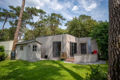 Chalet moderne avec terrasse et petit abri, entouré de pelouse verte et de grands arbres sous ciel bleu.