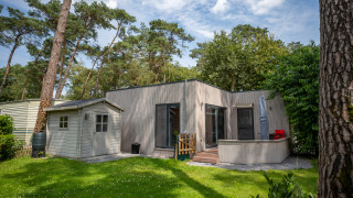 Modern Chalet lodge with deck and small shed, surrounded by lush grass and tall trees under blue sky.