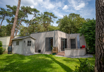 Modern Chalet lodge with deck and small shed, surrounded by lush grass and tall trees under blue sky.