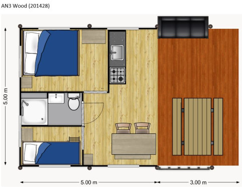 Floor plan of a safari tent with two bedrooms, bathroom, kitchen, and terrace at Camping Reiler.