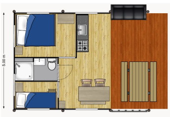 Grundriss eines Safarizeltes mit zwei Schlafzimmern, Bad, Küche und Terrasse auf Camping Reiler.