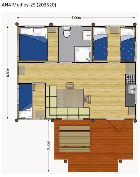 Floor plan of safari tent with bathroom, kitchen, living area, and two bedrooms at Camping Reiler, Luxembourg.