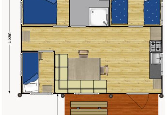 Plattegrond van een safaritent met sanitair, keuken, leefruimte en twee slaapkamers op Camping Reiler.