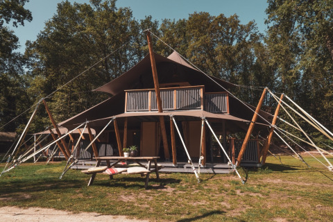 Glamping tent bij Sandberghe vakantiepark in Noord-Brabant, Nederland, omringd door bomen en natuur.