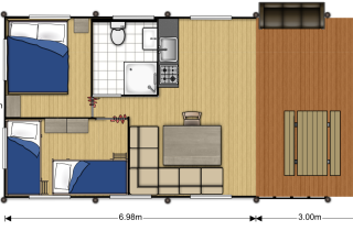Floor plan of safaritent with bathroom at Camping Reiler in Luxembourg, showing rooms and terrace.