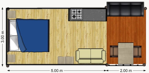Grundriss eines Safarizeltes mit Schlafbereich, Küche, Sofa und Terrasse mit Esstisch, Camping Reiler.