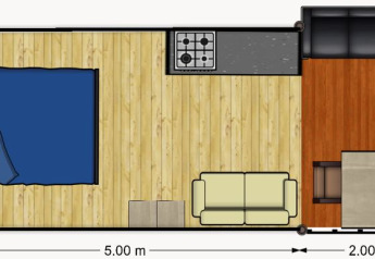 Grundriss eines Safarizeltes mit Schlafbereich, Küche, Sofa und Terrasse mit Esstisch, Camping Reiler.