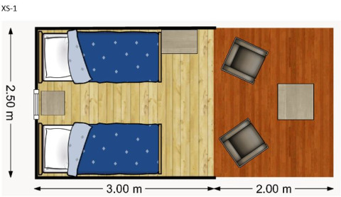 Plantegning af Duo safaritelt på Camping Reiler i Luxembourg med to senge, stole og borde.