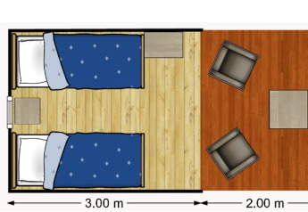 Plantegning af Duo safaritelt på Camping Reiler i Luxembourg med to senge, stole og borde.