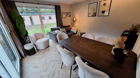 Soggiorno e sala da pranzo alla Groeneborg Lodge di Vakantiepark De Wiltzangh, nei Paesi Bassi, stile moderno.