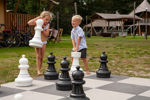 Twee kinderen spelen schaak met grote stukken op een buitenschaakbord bij vakantiepark Sandberghe.