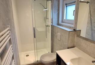 Moderne badkamer in Groeneborg lodge, Vakantiepark De Wiltzangh, met douche, toilet en lavabo.