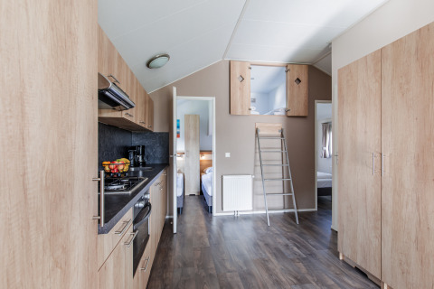 Lodge moderne avec cuisine, mezzanine et échelle à Vakantiepark Leukermeer aux Pays-Bas.
