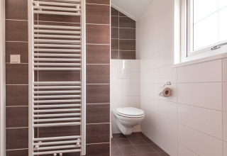 Moderne badeværelse med væghængt toilet, håndklædetørrer og stort vindue på Lodge ved Vakantiepark Leukermeer.
