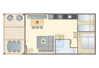 Floor plan of a Lodge at Vakantiepark Leukermeer in the Netherlands, showing two bedrooms, living space and terrace.