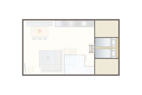 Floor plan of the Lodge at Vakantiepark Leukermeer in the Netherlands showing kitchen, living area, and bedrooms.