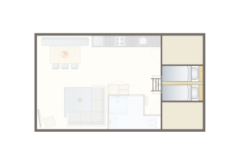 Plano de la Lodge en Vakantiepark Leukermeer, Países Bajos, con cocina, salón, baño y dos dormitorios.