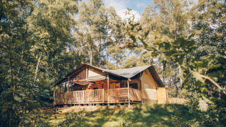 Tente safari avec terrasse couverte en bois dans une clairière ensoleillée, entourée d’arbres.