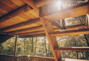 Holztreppe im Safarizelt bei Wilsumer Berge in Deutschland mit Sonnenlicht durch die Bäume.